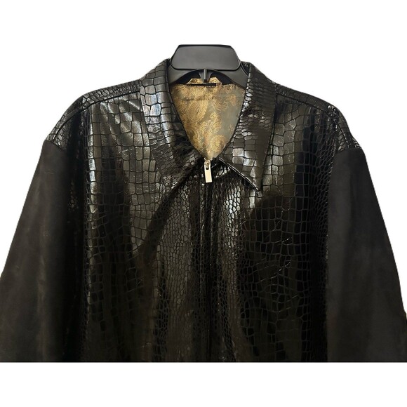 NEW Inserch Mens Size 2XL Glossy Black Alligator Embossed Zip Jacket Faux Suede - Picture 3 of 11